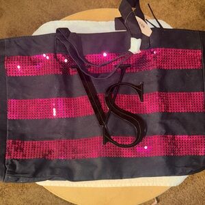 Victoria's Secret Black Tote with Pink Sequin Stripes